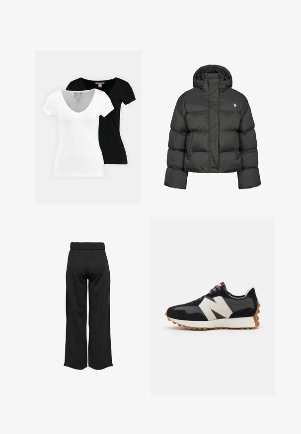 Svart pufferjacka med kort design, featuring hög krage och ribbade ärmslut. Inkluderar en liten logotyp på vänster sida. Slät textur.; Två kortärmade V-halshals t-shirts, en i vitt och en i svart, tillverkade av mjukt tyg, med en enkel design utan synliga mönster.; Svarta, vida byxor med elastisk midja, tillverkade av en mjuk tyg. Har en ren design utan fickor eller synliga sömdetaljer.; Svart och grå mocka sneaker med en stor krämfärgad "N"-logotyp, lila snören och en texturerad gummisula.