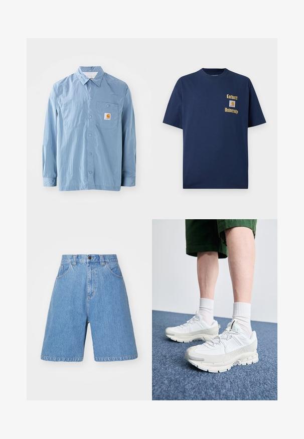 Šviesiai mėlyna marškinėlių chemizė iš lengvo audinio, su kišenėle, snapeliais ir logotipo etikete ant krūtinės.; Tamsiai mėlyna medvilninė marškinėliai trumpomis rankovėmis, su auksiniu tekstu "Carhartt University" ir logotipo siuviniu kairėje krūtinės pusėje.; Šviesiai mėlyni džinsiniai šortai su laisva siluetu, aukštu liemeniu, penkių kišenių dizainu ir subtiliu blukimu. Yra mygtuko užsegimas ir diržo kilpos.; Baltos sportinės bateliai su tekstūruotais uždengimais, masyviu padu ir pilkais akcentais. Dėvimi su baltais trumpais kojiniais ir žaliais šortais mėlyname paviršiuje.