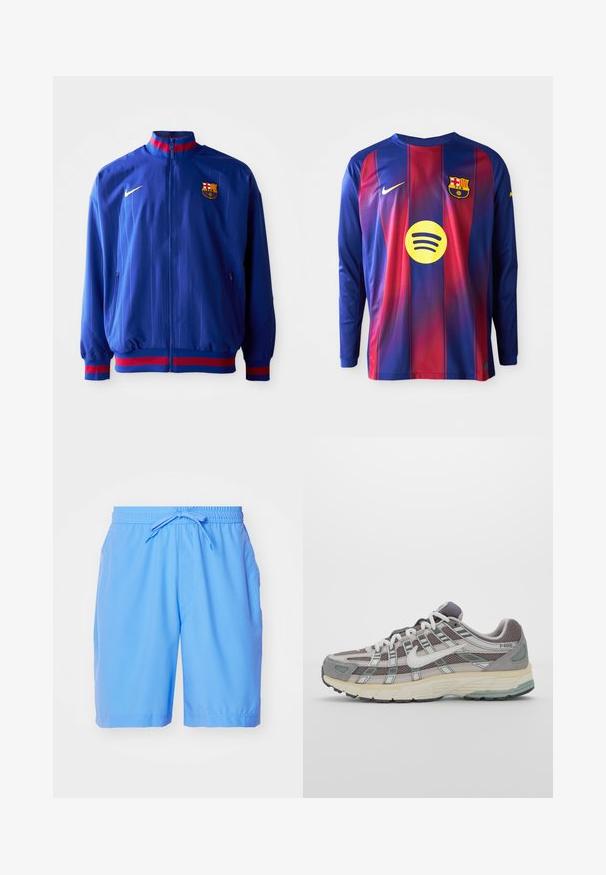 Casaco de pista azul da Nike com riscas verticais, gola alta e detalhes em vermelho e azul. Inclui bolsos com fecho e o logótipo do clube.; Camisa de futebol de manga longa com riscas verticais azuis e vermelhas, logo da Nike, brasão do Barcelona e um logótipo circular da Spotify no centro.; Calções de banho azul claro feitos de tecido suave, com uma cintura elástica e cordão de ajuste, além de bolsos laterais.; Sapatilha atlética cinza com parte superior em malha e camurça, detalhes brancos, sola acolchoada e um design distinto com elementos refletivos.