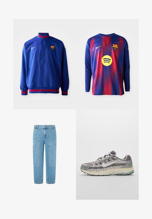 Chaqueta de deporte Nike azul con rayas verticales, cuello alto y acentos en rojo y azul. Incluye bolsillos con cremallera y logo del club.; Camiseta de fútbol de manga larga con franjas verticales azules y rojas, logo de Nike, escudo del Barcelona y un logo circular de Spotify en el centro.; Vaqueros de mezclilla en azul claro con corte recto, que cuentan con dos grandes bolsillos de parche y un sutil detalle de desgastado en la tela.; Zapatilla deportiva gris con parte superior de malla y ante, acentos blancos, suela acolchada y un diseño distintivo con elementos reflectantes.