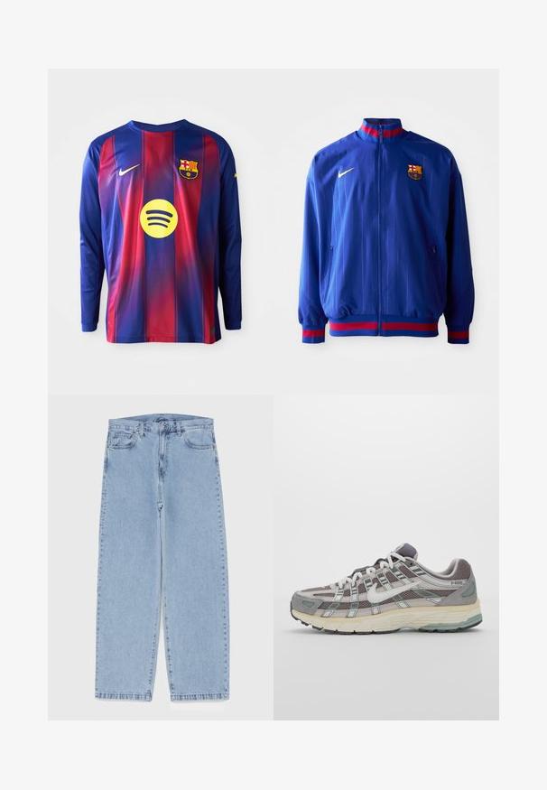 Mėlynas "Nike" sportinis švarkas su vertikaliomis juostelėmis, aukštu apykakle ir raudonais bei mėlynais akcentais. Yra kišenės su užtrauktukais ir klubo logotipas.; Ilga rankovė futbolo marškinėliai su mėlynomis ir raudonomis vertikaliomis juostomis, Nike logotipu, Barselonos herbu ir apvaliu Spotify logotipu centre.; Šviesiai mėlyni džinsai su tiesiomis kojomis, turintys vidutinio aukščio juosmenį, penkias kišenes ir mygtuko bei užtrauktuko uždarymą.; Pilkas sportinis batas su tinklu ir zomšos viršutine dalimi, baltomis detalėmis, paminkštintu padu ir išskirtiniu dizainu su atspindinčiais elementais.