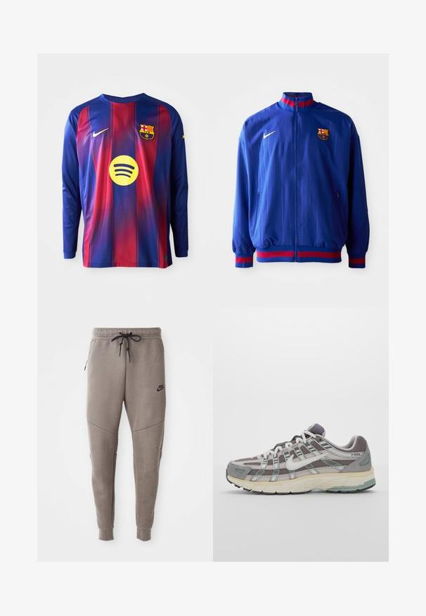Mėlynas "Nike" sportinis švarkas su vertikaliomis juostelėmis, aukštu apykakle ir raudonais bei mėlynais akcentais. Yra kišenės su užtrauktukais ir klubo logotipas.; Ilga rankovė futbolo marškinėliai su mėlynomis ir raudonomis vertikaliomis juostomis, Nike logotipu, Barselonos herbu ir apvaliu Spotify logotipu centre.; Pilkos Nike kelnės su raišteliu liemenyje, siaurėjančiomis kojomis, šoninėmis kišenėmis ir išskirtiniais siūlų detalėmis. Minkšta, tekstūruota medžiaga.; Pilkas sportinis batas su tinklu ir zomšos viršutine dalimi, baltomis detalėmis, paminkštintu padu ir išskirtiniu dizainu su atspindinčiais elementais.