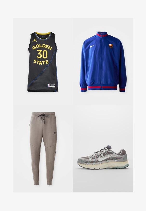 Modra Nike športna jakna z navpičnimi črtami, visokim ovratnikom ter rdečimi in modrimi poudarki. Vsebuje žepke na zadrgo in klubskega logotipa.; Črna košarkarska majica z napisom "GOLDEN STATE" in številko "30" v rumeni barvi, z modrimi poudarki in teksturirano tkanino. Logotip NBA na robu.; Sive Nike trenirke z vrvico v pasu, pripete noge, stranske žepke in izrazitim šivom. Mehka, teksturirana tkanina.; Sive športne čevlje z zgornjim delom iz mrežastega in semiš materiala, belimi akcenti, oblazinjenim podplatom ter edinstvenim dizajnom z odsevnimi elementi.