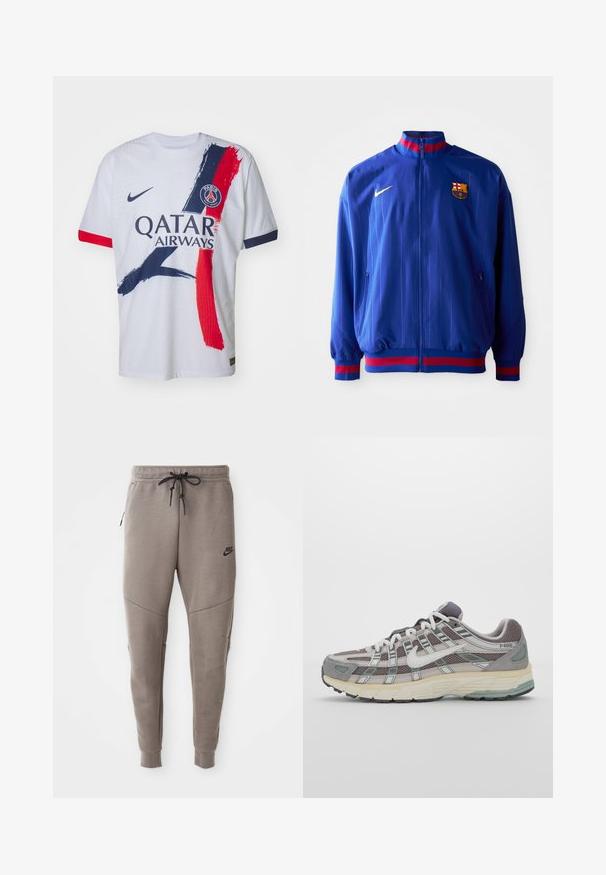 Mėlynas "Nike" sportinis švarkas su vertikaliomis juostelėmis, aukštu apykakle ir raudonais bei mėlynais akcentais. Yra kišenės su užtrauktukais ir klubo logotipas.; Balta „Nike“ futbolo marškinėliai su raudonomis ir tamsiai mėlynomis šepetėlio pėdsakų grafikomis, „Qatar Airways“ logotipas ir Paryžiaus emblema kairėje krūtinės pusėje. Trumpomis rankovėmis.; Pilkos Nike kelnės su raišteliu liemenyje, siaurėjančiomis kojomis, šoninėmis kišenėmis ir išskirtiniais siūlų detalėmis. Minkšta, tekstūruota medžiaga.; Pilkas sportinis batas su tinklu ir zomšos viršutine dalimi, baltomis detalėmis, paminkštintu padu ir išskirtiniu dizainu su atspindinčiais elementais.