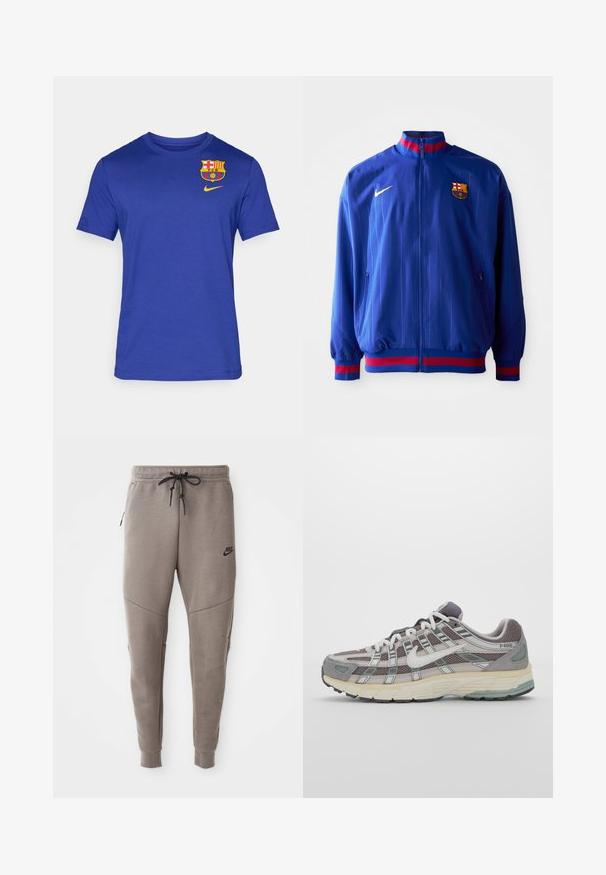 Blauwe Nike trainingsjack met verticale streepjes, een hoge kraag en rode en blauwe accenten. Inclusief ritszakken en clublogo.; Blauwe t-shirt met korte mouwen van zacht materiaal, met een Barcelona-logo en een gele Nike-swoosh op de borst.; Grijze Nike-sweatpants met een verstelbare tailleband, taps toelopende benen, zijzakken en opvallende naaddetails. Zachte, gestructureerde stof.; Grijze sportieve schoen met een bovenwerk van mesh en suede, witte accenten, een gevoerde zool en een onderscheidend ontwerp met reflecterende elementen.