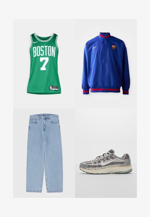 Veste de sport Nike bleue avec rayures verticales, un col haut et des accents rouges et bleus. Comprend des poches zippées et le logo du club.; Maillot de basket-ball vert avec lettrage blanc. Affiche "BOSTON" et le numéro "7". Fabriqué en matériau en mesh respirant, avec un logo et une étiquette Nike.; Jean en denim bleu clair avec une coupe droite, présentant une taille mi-haute, cinq poches, et une fermeture à bouton et à fermeture éclair.; Chaussure de sport grise avec une tige en mesh et en daim, accents blancs, semelle rembourrée et un design distinctif avec des éléments réfléchissants.