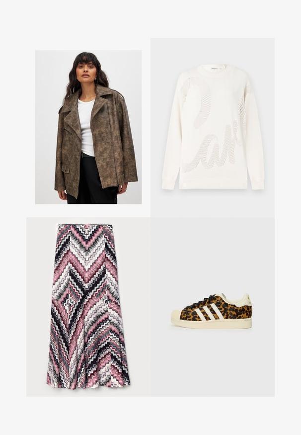 Ruda dirbtinės odos striukė su įpjovimu prie apykaklės, užtrauktuku priekyje ir šoninėmis kišenėmis. Pasižymi tekstūruotu paviršiumi ir laisvu siluetu.; Baltas megztinis, turintis didelį tinklo raštą, primenantį žodį „tortas“. Gofruota apykaklė ir rankogaliai; minkšta tekstūra.; Maxi sijonas su zigzago raštu rožinės, juodos ir baltos spalvų, pagamintas iš tekstūruotos medžiagos su platėjančiu apačia.; Leopardų rašto sportbačiai su juodais raišteliais, balta trijų juostelių dizainu, grietinėlės spalvos guminiu pirštu ir padu, tekstūruota viršutinė medžiaga.