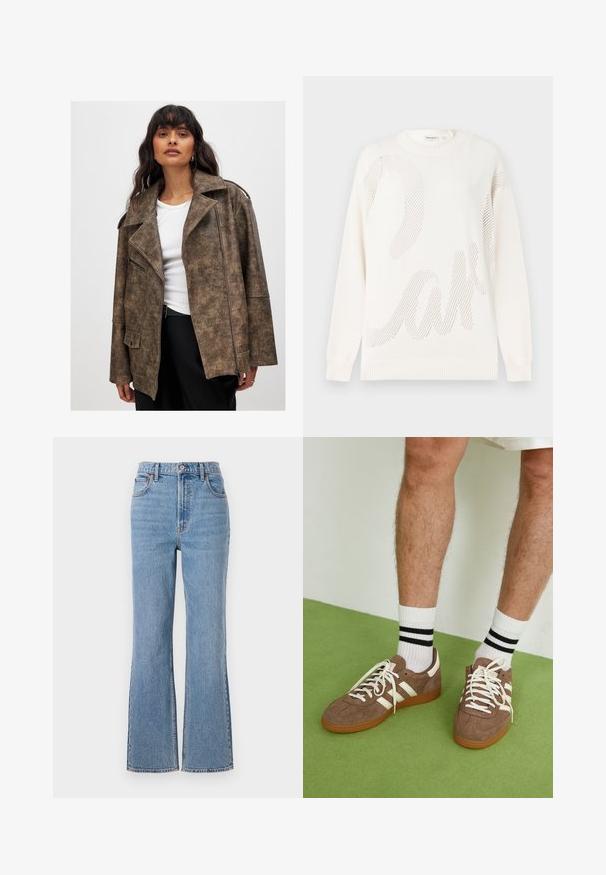 Giacca in finta pelle marrone con colletto a scollo a V, chiusura con zip e tasche laterali. Presenta una finitura texturizzata e una vestibilità rilassata.; Maglione bianco lavorato a maglia con un grande motivo a rete che ricorda la parola "torta". Collo e polsini a costine; texture morbida.; Abercrombie & Fitch FRONT TO BACK TONAL STRAIGHT - Jeans baggy - blue denim; Sneaker in suede marrone con dettagli e lacci bianchi. Suola in gomma color gomma. Indossati con calzini bianchi con righe nere. Pavimento verde texturizzato.