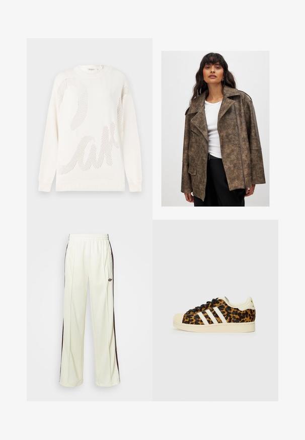 Hnedá syntetická kožená bunda s klopovým golierom, zipsom vpredu a bočnými vreckami. Má textúrovaný povrch a voľný strih.; Biely pletený sveter s veľkým mriežkovaným vzorom, ktorý pripomína slovo "koláč". Hladký výstrih a manžety; mäkká textúra.; Krémové mikinové nohavice s voľným strihom, so tmavohnedými bočnými pruhmi a vyšitým logom na ľavom stehne.; Tenisky s leopardím vzorom a čiernymi šnúrkami, biely dizajn s tromi pruhmi, krémová gumová špička a podrážka, textúrovaný horný materiál.