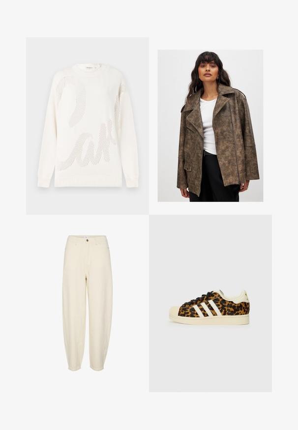 Giacca in finta pelle marrone con colletto a scollo a V, chiusura con zip e tasche laterali. Presenta una finitura texturizzata e una vestibilità rilassata.; Maglione bianco lavorato a maglia con un grande motivo a rete che ricorda la parola "torta". Collo e polsini a costine; texture morbida.; Pantaloni in cotone color beige chiaro con vestibilità rilassata, gambe affusolate, tasche frontali e chiusura con bottone singolo in vita.; Sneaker con stampa leopardata, con lacci neri, design a tre strisce bianche, punta e suola in gomma color crema, materiale superiore testurizzato.