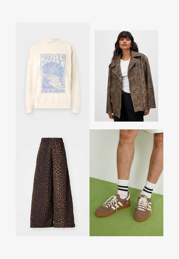 Brązowa kurtka z faux skórki z wyłamywanym kołnierzem, zamkiem błyskawicznym z przodu i kieszeniami bocznymi. Charakteryzuje się teksturowanym wykończeniem i luźnym krojem.; Jasno kremowa bluza z okrągłym dekoltem i ściągaczami. Z przodu znajduje się niebieski grafika z napisem "ROXY" i widokiem plaży.; Spodnie o szerokich nogawkach wykonane z gładkiego materiału, z brązowym tłem i czarnym wzorem w leoparda, z elastycznym pasem.; Brązowe zamszowe sneakersy z białymi akcentami i sznurówkami. Gumowa, brązowa podeszwa. Noszone z białymi skarpetkami w czarne paski. Zielona teksturowana podłoga.