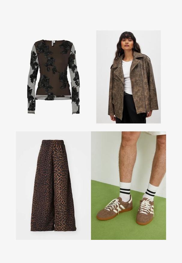 Giacca in finta pelle marrone con colletto a scollo a V, chiusura con zip e tasche laterali. Presenta una finitura texturizzata e una vestibilità rilassata.; Top a maniche lunghe in tessuto marrone scuro, con ricami floreali neri intricati sulle maniche e sul corpo in tessuto trasparente. Scollo rotondo, design aderente.; Pantaloni a gamba larga realizzati in tessuto morbido, con uno sfondo marrone e una stampa leopardata nera e una vita elastica.; Sneaker in suede marrone con dettagli e lacci bianchi. Suola in gomma color gomma. Indossati con calzini bianchi con righe nere. Pavimento verde texturizzato.
