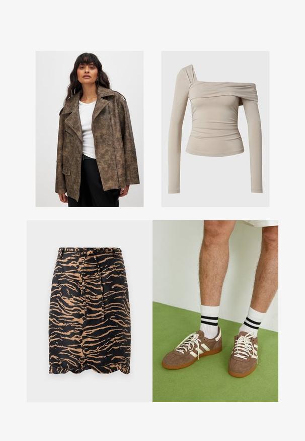 Brun faux läderjacka med slagkrage, zippered front och sidofickor. Har en strukturert yta och en avslappnad passform.; Beige långärmad topp med off-the-shoulder-design, med en rynkad textur och en figurnära silhuett. Slitstarkt, elastiskt tyg.; Svart och tan tigerblockerad kjol i slät tyg, med en knytmidja och design med scallopkant.; Bruna mockaskor med vita detaljer och snören. Gummisula i beige. Bärs med vita strumpor med svarta ränder. Grön strukturerad golvyta.