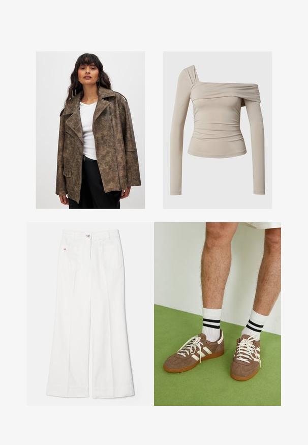 Ruskea tekonahkajakku, jossa on leikkauksellinen kaulus, vetoketjukiinnitys edessä ja sivutaskut. Ominaisuuksiin kuuluu tekstuuroitunut pinta ja rento istuvuus.; Beige pitkähihaine yläosa, jossa on olkaimeton muotoilu, röyhelötekijä ja istuva siluetti. Sileä, joustava kangas.; Valkoiset flare-farkut korkealla vyötäröllä, joissa on kaksi takataskua ja punainen brodeerattu logodetailointi oikeassa taskussa, valmistettu denim-kankaasta.; Ruske nahkate sneakerit valkoisilla korostuksilla ja nauhoilla. Kumi-gumipohja. Yhdistetty valkoisiin sukkiin, joissa on mustia raitoja. Vihreä teksturoitu lattia.