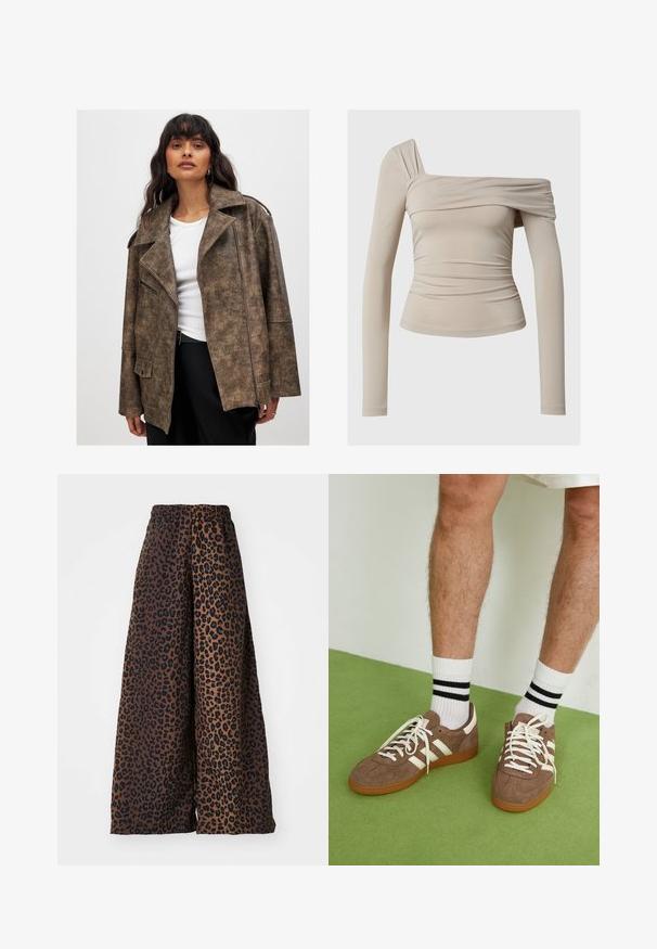 Ruda dirbtinės odos striukė su įpjovimu prie apykaklės, užtrauktuku priekyje ir šoninėmis kišenėmis. Pasižymi tekstūruotu paviršiumi ir laisvu siluetu.; Bežinė ilgaa sėklia palaidinė su nuleistais pečiais, turinti sutrauktą tekstūrą ir prigludusią siluetą. Smooth stretchy audinys.; Platus kojų kelnės, pagamintos iš lygios medžiagos, su rudu fonu ir juodu leopardų rašto raštu bei elastinga juosta.; Rudoni veršiai sportbačiai su baltais akcentais ir raišteliais. Gumos padu. Dėvimi su baltais kojinėmis, turinčiomis juodas juostas. Žalios tekstūruotos grindys.