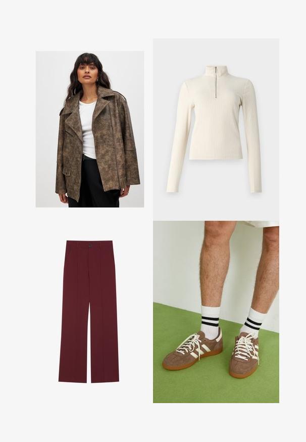 Giacca in finta pelle marrone con colletto a scollo a V, chiusura con zip e tasche laterali. Presenta una finitura texturizzata e una vestibilità rilassata.; Pullover a coste cremisi con maniche lunghe e collo alto. Presenta una zip a scomparsa sul davanti e un design aderente. Texture semplice.; Pantaloni bordeaux con un design a gamba larga, dotati di chiusura con bottone, due tasche laterali e dettagli plissettati sul fronte. Tessuto dalla consistenza liscia.; Sneaker in suede marrone con dettagli e lacci bianchi. Suola in gomma color gomma. Indossati con calzini bianchi con righe nere. Pavimento verde texturizzato.
