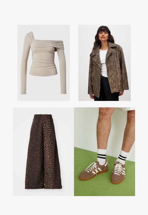 Brown faux leather jacket with a notched collar, zippered front, and side pockets. Features a textured finish and relaxed fit.; Beige long-sleeve top with an off-the-shoulder design, featuring a ruched texture and a fitted silhouette. Smooth, stretchy fabric.; Wide-leg trousers made of smooth fabric, featuring a brown background with a black leopard print pattern and an elastic waistband.; Brown suede sneakers with white accents and laces. Rubber gum sole. Worn with white socks featuring black stripes. Green textured flooring.