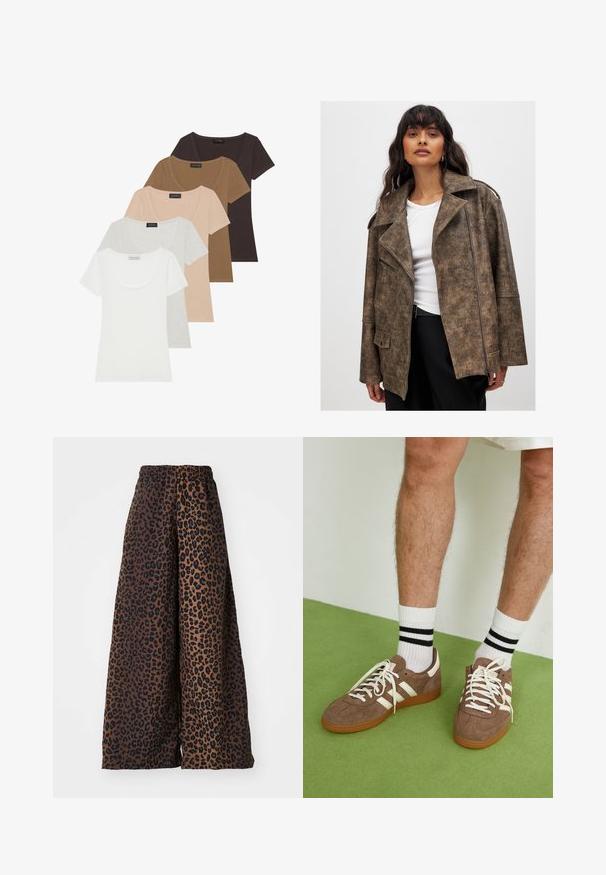 Chaqueta de imitación de cuero marrón con cuello muesca, frente con cremallera y bolsillos laterales. Presenta un acabado texturizado y un ajuste relajado.; Conjunto de cinco camisetas de manga corta en varios colores: blanco, gris claro, beige, marrón y marrón oscuro. Cada una tiene un diseño de escote redondo.; Pantalones de pierna ancha hechos de una tela suave, con un fondo marrón y un patrón de estampado de leopardo negro, y una cintura elástica.; Zapatillas de ante marrón con acentos y cordones blancos. Suela de goma color caramelo. Usadas con calcetines blancos con rayas negras. Suelo texturizado verde.