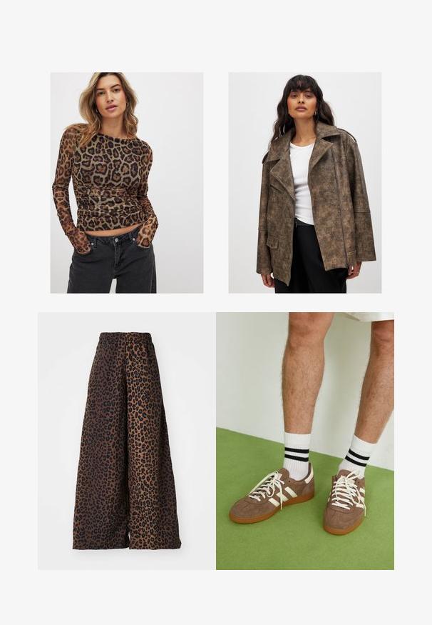 Brun faux læderjakke med ombukket krave, lynlåslukning foran og sidelommer. Har en struktureret overflade og løs pasform.; Langærmet top i leopardmønster med en rynket design, fremstillet i gennemsigtigt stof i nuancer af brun og sort. Kombineret med mørke jeans.; Breddebenede bukser lavet af glat stof, med en brun baggrund og et sort leopardmønster samt en elastisk talje.; Brune ruskind sneakers med hvide detaljer og snørebånd. Gummisål i naturgummi. Båret med hvide sokker med sorte striber. Grøn struktureret gulv.