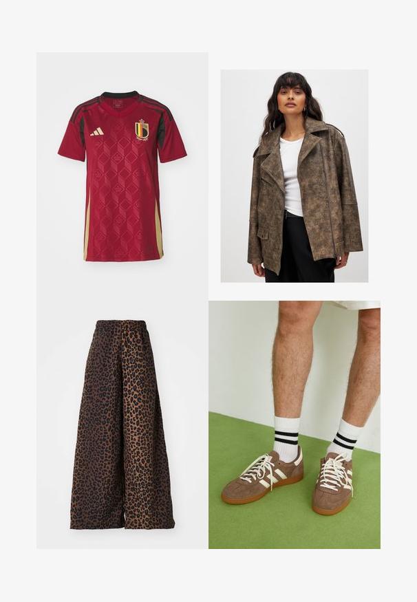 Burgundu mākslīgās ādas jaka ar iegrieztu apkakli, rāvējslēdzēja priekšpusi un sānu kabatām. Raksturīga teksturēta virsma un brīva piegriezuma forma.; Sarkanais futbols krekls ar ģeometrisku diamentu rakstu, melniem akcentiem un kreklu ar dzeltenām un melnām svītrām, izgatavots no viegla materiāla.; Platas kājas bikses no gludas auduma ar brūnu fonu, kurā ir melna leopardu raksts, un elastīgu jostasvietu.; Brūni zamša sporta apavi ar baltām akcentu un auklām. Kaučuka zole. Nēsāti ar baltām zeķēm, kurām ir melnas svītras. Zaļa struktūrēta grīda.