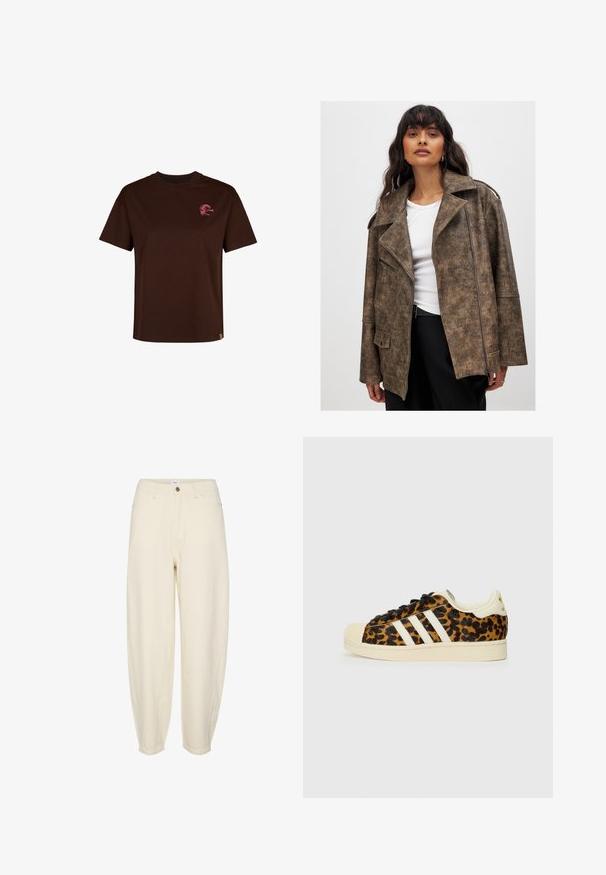 Pruun kunstnahkjope, millel on lõigatud krae, tõmblukuga ees ja küljetaskud. Omab tekstuurset viimistlust ja mugavat lõiget.; Pruun puuvillane T-särk ümmarguse kaelaaugu ja lühikeste varrukatega. Ees on väike roosa logo ja sirge äär.; Heledadbežist puuvillased püksid lõdva lõikega, kitsenevate jalgadega, ees olevate taskutega ja ühe nupu sulgemisega vööl.; Leopardimustrilised spordijalatsid mustade paeltega, valge kolme riba disainiga, kreemika värvi kummist varvas ja tald, tekstureeritud ülemine materjal.