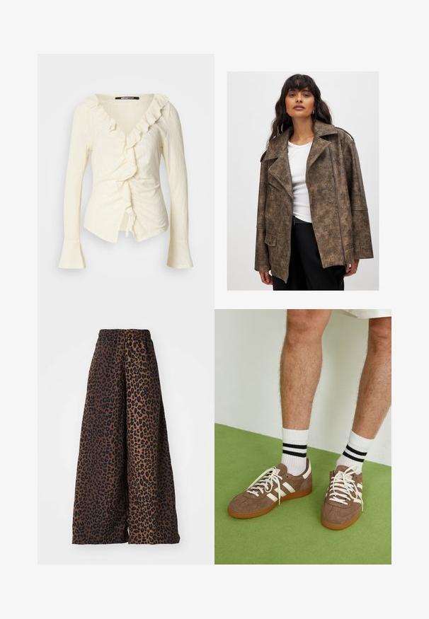 Chaqueta de imitación de cuero marrón con cuello muesca, frente con cremallera y bolsillos laterales. Presenta un acabado texturizado y un ajuste relajado.; Blusa cremosa de manga larga con escote en V, con ribete volado, costados fruncidos y mangas de campana. Fabricada con un tejido ligero y texturizado.; Pantalones de pierna ancha hechos de una tela suave, con un fondo marrón y un patrón de estampado de leopardo negro, y una cintura elástica.; Zapatillas de ante marrón con acentos y cordones blancos. Suela de goma color caramelo. Usadas con calcetines blancos con rayas negras. Suelo texturizado verde.