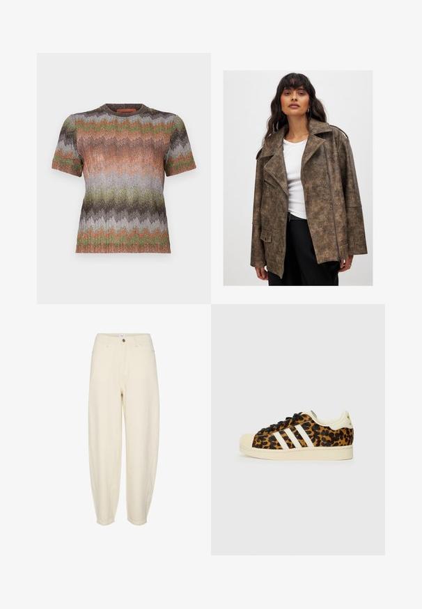 Brun faux læderjakke med ombukket krave, lynlåslukning foran og sidelommer. Har en struktureret overflade og løs pasform.; Kortærmet top med et zigzag-mønster og metalliske tråde. Farverne inkluderer orange, grøn, brun og sølv. Rund hals og struktureret finish.; Lys beige bomuldsbukser med en afslappet pasform, tapered ben, frontlommer og en enkelt knaplukning i taljen.; Sneakers med leopardmønster, sorte snørebånd, hvidt design med tre striber, cremefarvet gummitå og sål samt tekstureret overmateriale.