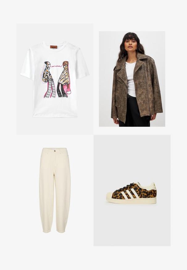 Pruun kunstnahkjope, millel on lõigatud krae, tõmblukuga ees ja küljetaskud. Omab tekstuurset viimistlust ja mugavat lõiget.; Valge puuvillane T-särk, millel on värvikas graafiline illustreerimine kahest stiliseeritud figuurist, millel on erinevad mustrid ja aktsendid.; Heledadbežist puuvillased püksid lõdva lõikega, kitsenevate jalgadega, ees olevate taskutega ja ühe nupu sulgemisega vööl.; Leopardimustrilised spordijalatsid mustade paeltega, valge kolme riba disainiga, kreemika värvi kummist varvas ja tald, tekstureeritud ülemine materjal.