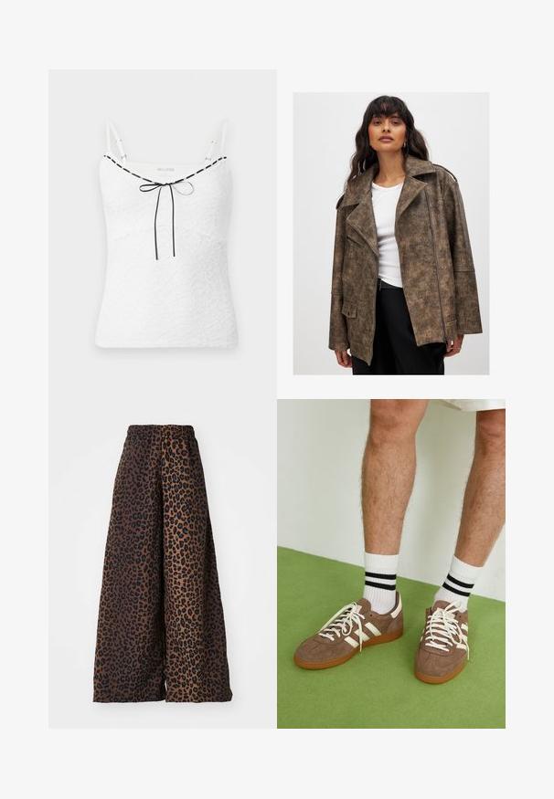 Brun faux læderjakke med ombukket krave, lynlåslukning foran og sidelommer. Har en struktureret overflade og løs pasform.; Hvid blondetop med justerbare stropper, der har sorte kanter og en sløjfedetalje ved halsudskæringen. Struktureret blomstermønster.; Breddebenede bukser lavet af glat stof, med en brun baggrund og et sort leopardmønster samt en elastisk talje.; Brune ruskind sneakers med hvide detaljer og snørebånd. Gummisål i naturgummi. Båret med hvide sokker med sorte striber. Grøn struktureret gulv.