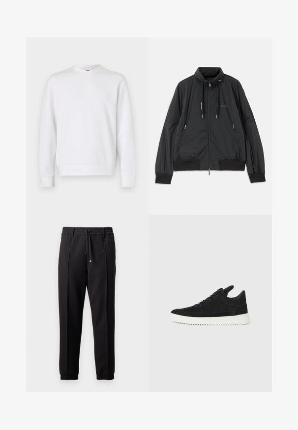 Giacca nera leggera con zip, colletto rialzato, tasche laterali con zip, lacci, polsini a coste e logo Armani Exchange sul petto.; Felpa bianca con colletto a girocollo, caratterizzata dal logo in rilievo "ARMANI EXCHANGE" sul davanti. Tessuto morbido, vestibilità rilassata, polsini e orlo a coste.; Pantaloni neri con cintura, cordoncino e polsini elasticizzati. Presentano pieghe e un tessuto liscio e strutturato.; Sneaker in suede nero con suola in gomma bianca, caratterizzato da cuciture tonali e design con lacci. Texture liscia con una forma moderna e aerodinamica.