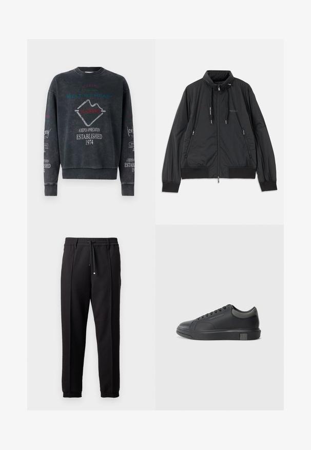Fekete, könnyű, cipzáras dzseki álló gallérral, cipzáras oldalsó zsebekkel, húzózsinórral, bordázott mandzsettákkal és Armani Exchange logóval a mellkason.; Fekete pulóver kerek nyakkal, színes szövegekkel és logókkal díszítve. Az anyagoknak puha tapintása van; az ujjak és az alsó szegély bordázott textúrájúak.; Fekete nadrág derékpánttal, húzózsinórral és rugalmas mandzsettákkal. Jellemző rá a pliszírozás és a sima, textúrált anyag.; Fekete bőrlábbeli sima felülettel, kerek orral és sötétszürke kiegészítőkkel. Fűzős kialakítású és texturált gumitalppal rendelkezik.