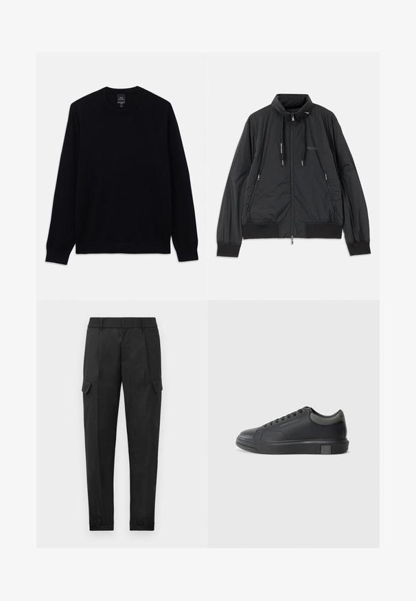 Juodas lengvas zip-up džemperis su stovinčiu apykakle, užtrauktukais šoninėse kišenėse, įveržimais, raibotu rankogaliu ir Armani Exchange logotipu ant krūtinės.; Juodas ilgas rankovės megztinis su apvalia kaklo iškirpte, su įpjovomis ant rankovių ir apatinėje dalyje, Armani Exchange etiketė matoma ant vidinės apykaklės.; Juodi krovinių tipo džinsai su elastinga juosta, siaurėjantis kelnių siluetas, šoniniai kišeniai ir viena krovinių kišenė ant kairio šlaunies. Lygi tekstūra.; Juodos odinės sportinės bateliai su lygiu paviršiumi, apvaliu nose ir tamsiai pilkais akcentais. Turi raištelių dizainą ir tekstūruotą gumos padas.