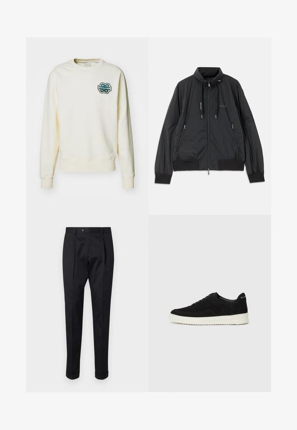 Black lightweight zip-up jacket with stand collar, zippered side pockets, drawstrings, ribbed cuffs, and Armani Exchange logo on chest.; Filling Pieces GOWTU - Sweatshirt - white; Black trousers made of a smooth fabric, featuring a fold at the front, a button closure, and rolled cuffs at the ankle.; Black suede sneaker with lace-up design and contrasting white rubber sole. Features textured side panels and subtle branding on the heel.