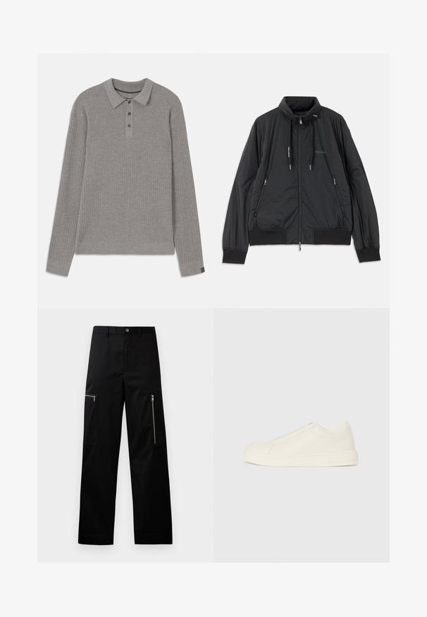 Černá lehká zipová bunda se stojáčkem, bočními kapsami na zip, stahovacími šnůrkami, žebrovanými manžetami a logem Armani Exchange na hrudi.; Šedý žebrovaný svetr s dlouhými rukávy, límcem a knoflíkovým zapínáním. Má texturovaný povrch a kontrastní akcenty na manžetách.; Černé cargo kalhoty vyrobené z odolné tkaniny, se rovný střihem, dvěma kapsami na zip po stranách a klasickým zapínáním na knoflík.; Nízké béžové kožené tenisky s kulatou špičkou, minimálním šitím a bočním zipem na bílém pozadí.