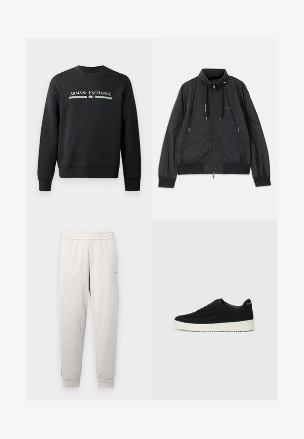 Μαύρο ελαφρύ τζάκετ με φερμουάρ και όρθιο γιακά, με φερμουάρ στις πλαϊνές τσέπες, κορδόνια, ριμπ μανσέτες και λογότυπο Armani Exchange στο στήθος.; Μαύρο φούτερ κατασκευασμένο από μαλακό ύφασμα. Διαθέτει στρογγυλή λαιμόκοψη και μακρυά μανίκια. Στο μπροστινό μέρος εμφανίζεται το "ARMANI EXCHANGE" και το "1991" σε αντίθετα χρώματα.; Ανοιχτό γκρι φούτερ παντελόνι με ελαστική μέση, πλευρικές τσέπες, ριγωτές μανσέτες και διακριτική επωνυμία στο πόδι, κατασκευασμένο από μαλακό ύφασμα.; Μαύρο σουέτ αθλητικό παπούτσι με σχέδιο κορδονιών και λευκή λαστιχένια σόλα σε αντίθεση. Διαθέτει υφαντές πλαϊνές πάνελ και διακριτική σήμανση στην φτέρνα.