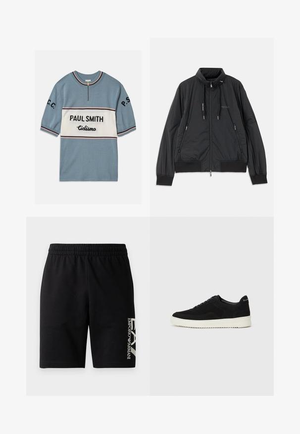 Black lightweight zip-up jacket with stand collar, zippered side pockets, drawstrings, ribbed cuffs, and Armani Exchange logo on chest.; Short-sleeved blue sweater with a white horizontal band. Features "PAUL SMITH" and "Ciclismo" in black text, with pink and black stripes at edges.; EA7 Emporio Armani TRAIN VISIBILITY - Shorts - black/cream; Black suede sneaker with lace-up design and contrasting white rubber sole. Features textured side panels and subtle branding on the heel.