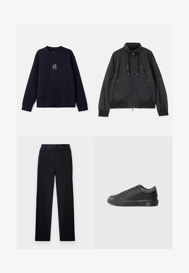 Črn lahek jakna na zadrgo s stojnicnim ovratnikom, zadrgami na strani, vrvicami, rebrastimi manšeti in logotipom Armani Exchange na prsih.; Mornarsko modra trenirka iz mehkega bombaža z okruglim izrezom, dolgimi rokavi in majhnim belim logotipom na prsih.; Črne hlače iz lahke, teksturirane tkanine, ravne noge, elastičen pas in stranski žepki na zadrgo.; Črne usnjene teniske s gladko površino, zaobljenim prstom in temno sivo akcenti. Imajo sistem vezanja in teksturiran gumijast podplat.