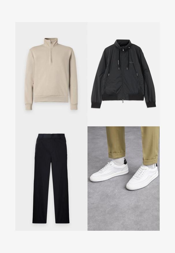 Czarna, lekka kurtka z zamkiem błyskawicznym i stojącym kołnierzem, z zamykanymi kieszeniami po bokach, sznurkami ściągającymi, ściągaczami przy mankietach oraz logo Armani Exchange na klatce piersiowej.; Beżowy sweter z półgolfem i suwakim z przodu, długimi rękawami oraz ściągaczami przy mankietach i u dołu. Miękka faktura tkaniny, minimalistyczny design.; Czarne spodnie wykonane z lekkiego, teksturowanego materiału, o prostym kroju, z elastycznym paskiem i bocznymi kieszeniami na zamek.; Białe sneakersy z fakturowaną skórzaną wykończeniem, okrągłym noskiem i czarnym akcentem na pięcie. Gumowa podeszwa z małym wzorem bieżnika i przeszyciem.