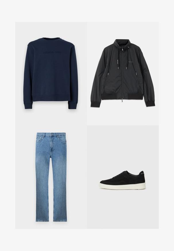 Svart lett zip-up jakke med ståkrage, glidelåslommer på sidene, snorer, ribbestrikkede mansjetter og Armani Exchange-logo på brystet.; Mørkeblå sweatshirt laget av mykt materiale, med lange ermer, rund hals og et embossert "MICHAEL KORS"-logo på forsiden.; Lyseblå denimjeans med rett snitt, fem lommer, glidelås og kontraststing. Stoffet har en glatt, strukturert overflate.; Svart semsket sneakers med snøring og kontrasterende hvit gummisåle. Har teksturerte sidepaneler og subtil merkevare på hælen.