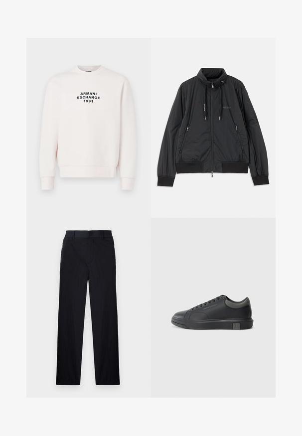 Černá lehká zipová bunda se stojáčkem, bočními kapsami na zip, stahovacími šnůrkami, žebrovanými manžetami a logem Armani Exchange na hrudi.; Růžová mikina s kulatým výstřihem, dlouhými rukávy a žebrovanými manžetami. Na přední straně se nachází nápis "ARMANI EXCHANGE 1991" v černém písmu, umístěný uprostřed.; Černé kalhoty s lehkým, strukturovaným materiálem, rovnými nohavicemi, elastickým pasem a postranními zipovými kapsami.; Černé kožené tenisky s hladkým povrchem, zaoblenou špičkou a tmavě šedými akcenty. Disponují šněrovacím designem a texturovanou gumovou podrážkou.