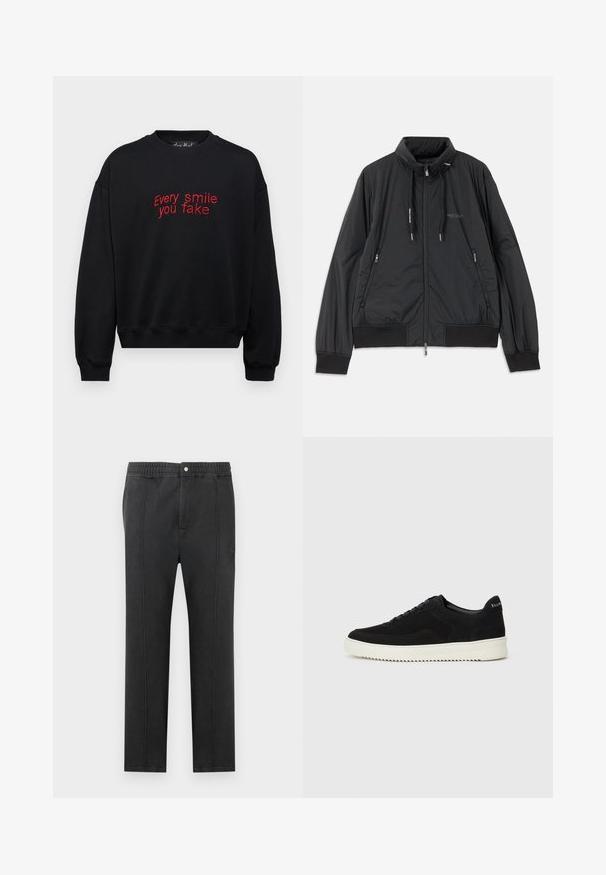 Musta kevyt vetoketjullinen takki, jossa on seisomakaulus, vetoketjulliset sivutaskut, narut, ribbireunat ja Armani Exchange -logo rinnassa.; Mustapaita, jossa on punainen brodeerattu teksti "Jokainen hymy, jonka teeskennellään," pyöreä pääntie, pitkät hihat sekä ribattuja hihansuita ja helmaa.; Mustat housut, joissa on joustava vyötärönauha, suorapuheinen etuosa, kaksi sivutaskua ja koristeompeleita. Ei näkyviä kuvioita tai metalliosia.; Mustat mokkakengät nauhoilla ja kontrastivalkoisella kumipohjalla. Varustettu teksturoiduilla sivupaneeleilla ja huomaamattomalla brändäyksellä kantapäässä.