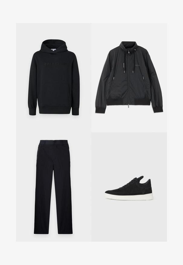 Črn lahek jakna na zadrgo s stojnicnim ovratnikom, zadrgami na strani, vrvicami, rebrastimi manšeti in logotipom Armani Exchange na prsih.; Črna kapuca s puloverjem, mehak material, zasnova za oblačenje čez glavo, sprednji kenguru žep, embosirani logo "QUARTZ CO" na prsih, rebrasti manšeti in rob.; Črne hlače iz lahke, teksturirane tkanine, ravne noge, elastičen pas in stranski žepki na zadrgo.; Črne semiš športne copate z belo gumijasto podplatom, ki imajo toneče šive in vezalni dizajn. Gladka tekstura z modernim, poenoteno oblikovano silhueto.