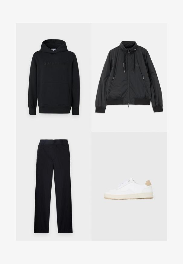 Schwarze, leichte, Reißverschlussjacke mit Stehkragen, Reißverschlusstaschen an den Seiten, Kordelzügen, gerippten Bündchen und Armani Exchange-Logo auf der Brust.; Schwarze Kapuzenpullover, weicher Stoff, Pulli-Design, vordertasche im Kängurustil, geprägtes "QUARTZ CO"-Logo auf der Brust, gerippte Bündchen und Saum.; Schwarze Hose aus leichtem, strukturiertem Stoff, mit geradem Bein, elastischem Bund und seitlichen Reißverschlusstaschen.; Weiße Low-Top-Sneaker mit einem strukturierten Lederobermaterial, cremefarbener, geriffelter Sohle und einem braunen Akzent an der Ferse. Mit weißen Schnürsenkeln und Logodetail an der Ferse.