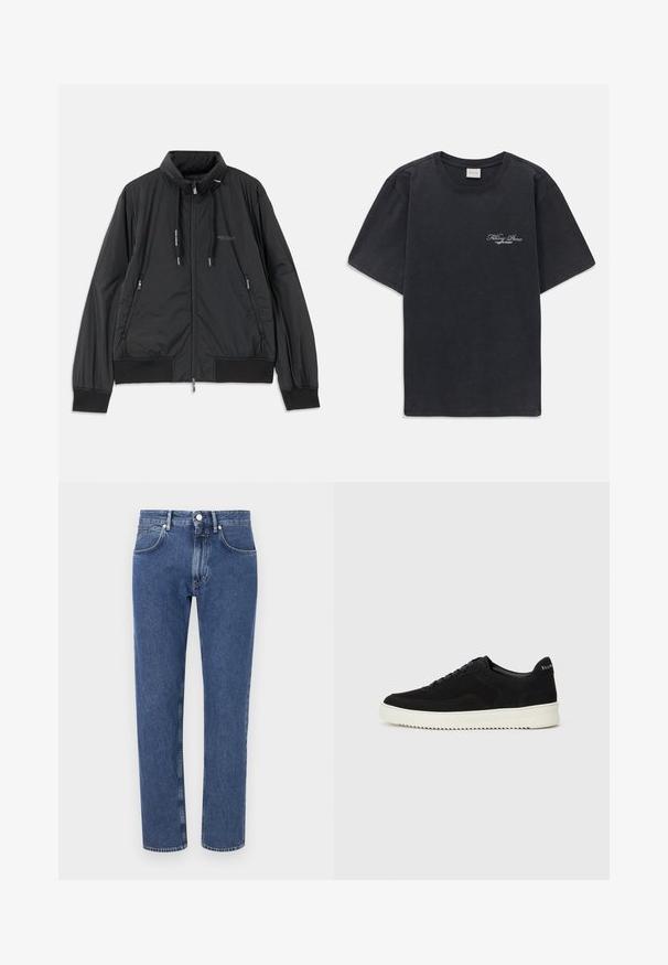 Musta kevyt vetoketjullinen takki, jossa on seisomakaulus, vetoketjulliset sivutaskut, narut, ribbireunat ja Armani Exchange -logo rinnassa.; Mustat lyhythihaiset t-paidat, joissa on pieni valkoinen "Filling Pieces" -tekstilogo vasemmassa rinnassa.; Siniset farkut suoralinjaisella muotoilulla, vahvistetut saumat, viisi taskua ja edessä napitus.; Mustat mokkakengät nauhoilla ja kontrastivalkoisella kumipohjalla. Varustettu teksturoiduilla sivupaneeleilla ja huomaamattomalla brändäyksellä kantapäässä.