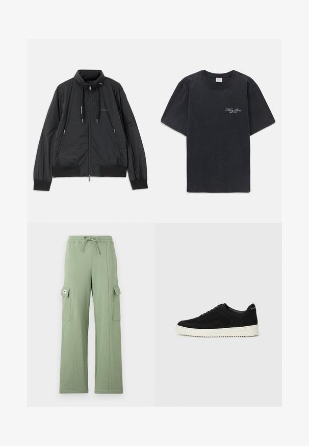 Svart lett zip-up jakke med ståkrage, glidelåslommer på sidene, snorer, ribbestrikkede mansjetter og Armani Exchange-logo på brystet.; Svart kortermet t-skjorte med rund hals og liten hvit "Filling Pieces" tekstlogo på venstre bryst.; Lys grønn cargo-bukse laget av bomullsblanding; har elastisk midje, snor, vide ben og to sidelommer med klafflukking.; Svart semsket sneakers med snøring og kontrasterende hvit gummisåle. Har teksturerte sidepaneler og subtil merkevare på hælen.