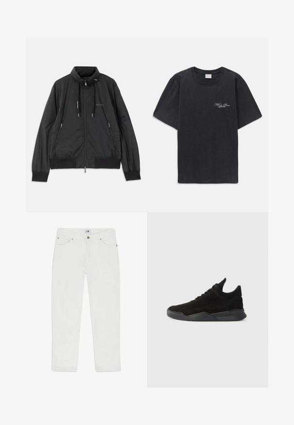 Zwarte lichtgewicht zip-up jack met opstaande kraag, ritszakken aan de zijkant, trekkoorden, geribbelde manchetten en het Armani Exchange-logo op de borst.; Zwarte korte mouwen crew neck t-shirt met klein wit "Filling Pieces" tekstlogo op de linkerborst.; Witte denim jeans met een rechte pasvorm, vijf-pocket ontwerp en accenten van zilver hardware. Het materiaal heeft een gladde textuur en een eenvoudige stijl.; Zwarte suède sneaker met een lage profiel, gestructureerde bovenkant, platte veters en een stevige rubberen zool met een lichte hak en gebogen ontwerp.