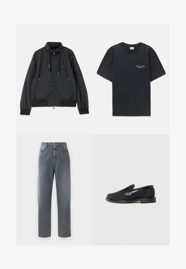 Juodas lengvas zip-up džemperis su stovinčiu apykakle, užtrauktukais šoninėse kišenėse, įveržimais, raibotu rankogaliu ir Armani Exchange logotipu ant krūtinės.; Juodas trumpomis rankovėmis, apvaliu kaklu marškinėliai su mažu baltu "Filling Pieces" tekstiniu logotipu kairiajame krūtinės kampe.; Aukštai priglundančios, tiesios kojos džinsai iš blyškiai pilkos džinsinės medžiagos, turintys penkias kišenes, sagčių užsegimą ir lengvą praplovimą ant audinio.; Juodas pintas slip-on tipo batelis su lygiu odiniu akcentu viršuje, apvalios nosies dizainas ir žemas guminis padas.