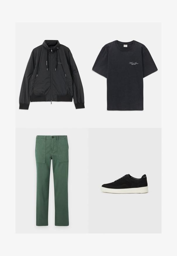 Giacca nera leggera con zip, colletto rialzato, tasche laterali con zip, lacci, polsini a coste e logo Armani Exchange sul petto.; T-shirt nera a maniche corte con collo rotondo, dotata di un piccolo logo bianco "Filling Pieces" sul lato sinistro del petto.; Pantaloni in cotone verdi con una vestibilità dritta, dotati di due tasche frontali e chiusura con bottone. Tessuto liscio e stile casual.; Sneaker in suede nero con design con lacci e suola in gomma bianca a contrasto. Presenta pannelli laterali testurizzati e un marchio discreto sul tallone.