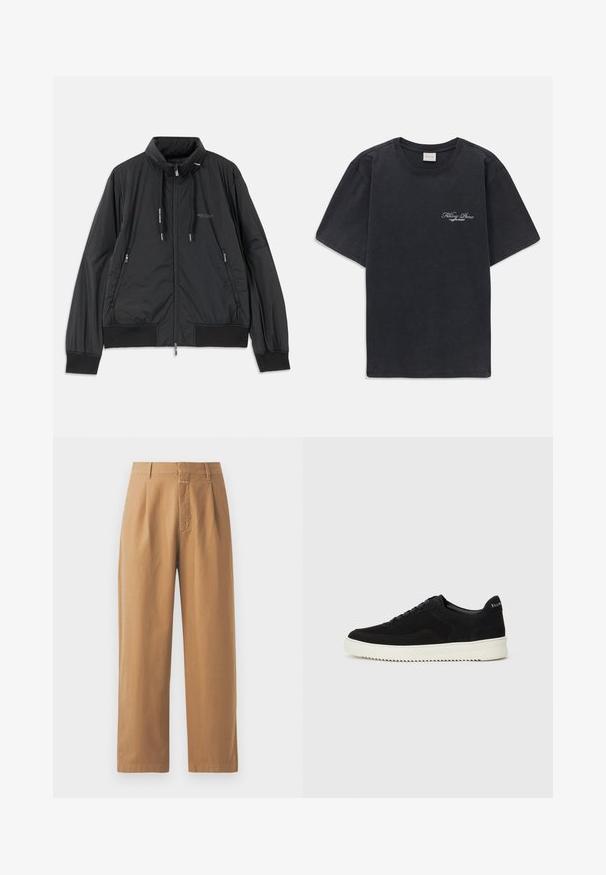 Black lightweight zip-up jacket with stand collar, zippered side pockets, drawstrings, ribbed cuffs, and Armani Exchange logo on chest.; Black short-sleeve crew neck t-shirt with small white "Filling Pieces" text logo on the left chest.; Brown, wide-leg trousers made of smooth fabric. Features a high waist with pleats, belt loops, and a single front pocket.; Black suede sneaker with lace-up design and contrasting white rubber sole. Features textured side panels and subtle branding on the heel.