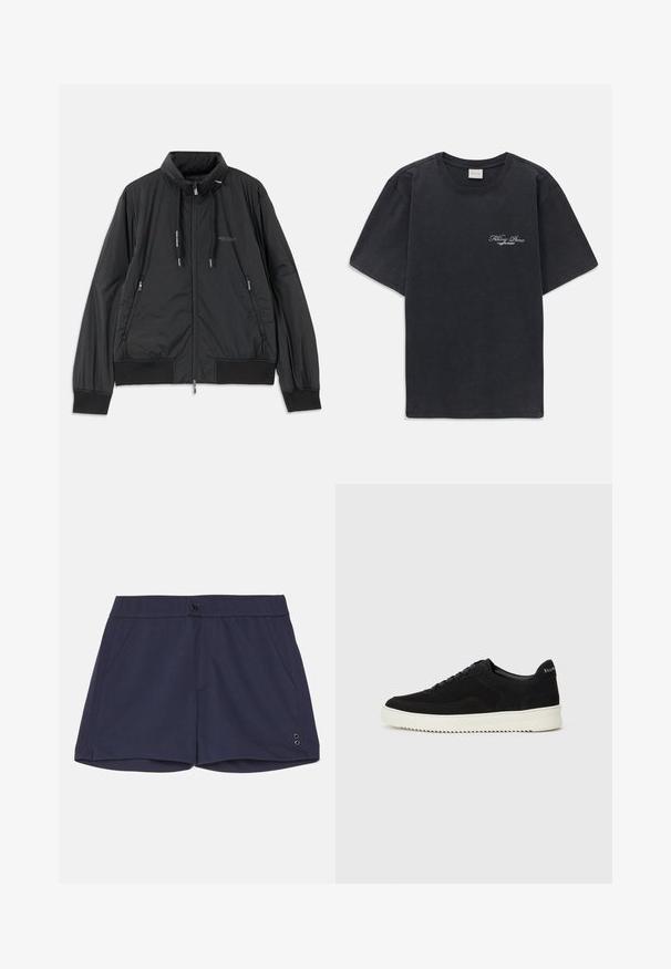Svart lett zip-up jakke med ståkrage, glidelåslommer på sidene, snorer, ribbestrikkede mansjetter og Armani Exchange-logo på brystet.; Svart kortermet t-skjorte med rund hals og liten hvit "Filling Pieces" tekstlogo på venstre bryst.; Ron Dorff TENNIS - Shorts - navy; Svart semsket sneakers med snøring og kontrasterende hvit gummisåle. Har teksturerte sidepaneler og subtil merkevare på hælen.